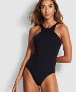 Outlet π Seafolly Ladies Active High Neck One Piece Black βοΈ