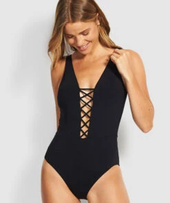 Budget 🔥 Seafolly Ladies Active Lace Up One-Piece Black 🔥