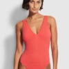 Best Pirce 🔔 Seafolly Ladies Sea Dive Deep V Neck One Piece Fiesta coral ✔️