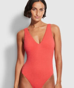 Best Pirce 🔔 Seafolly Ladies Sea Dive Deep V Neck One Piece Fiesta coral ✔️