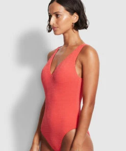 Best Pirce 🔔 Seafolly Ladies Sea Dive Deep V Neck One Piece Fiesta coral ✔️ -Seafolly Sales Shop 10974 861 FiestaCora 3
