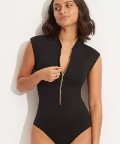 Cheap ❤️ Seafolly Ladies Seafolly Collective Zip Front One Piece Black 🤩 -Seafolly Sales Shop 10987 942 Black 3