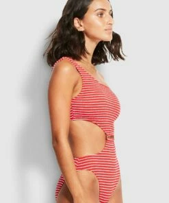 Best Pirce 🧨 Seafolly Ladies Seaside Stripe One Shoulder One Piece Chilli red 👍 -Seafolly Sales Shop 11012 894 Chilli2520Red 3