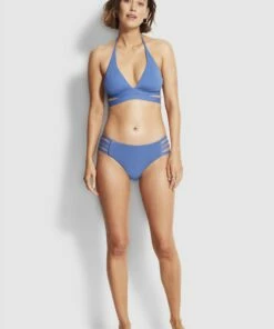 Budget 😀 Seafolly Ladies Active Halter 👙 Bikini Top Marina blue ✨