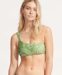 Outlet π Seafolly Ladies Folklore One Shoulder Top Green tea β€οΈ