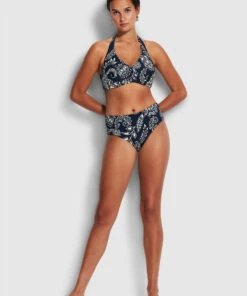 New 😀 Seafolly Ladies Folklore Wide Side Retro Pant True navy 🧨