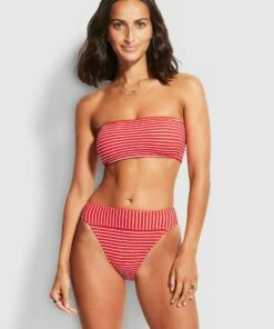 Promo 🎉 Seafolly Ladies Seaside Stripe Banded Hi Rise Pant Chilli red ✔️