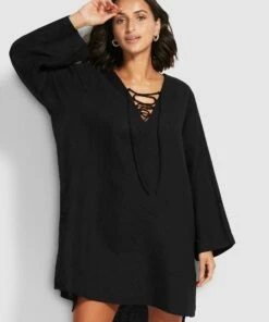 Hot Sale 🎁 Seafolly Ladies Harbour Linen Cover Up Black 👏