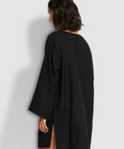 Hot Sale 🎁 Seafolly Ladies Harbour Linen Cover Up Black 👏 -Seafolly Sales Shop 54352 CU Black 3