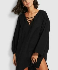 Hot Sale 🎁 Seafolly Ladies Harbour Linen Cover Up Black 👏 -Seafolly Sales Shop 54352 CU Black 4