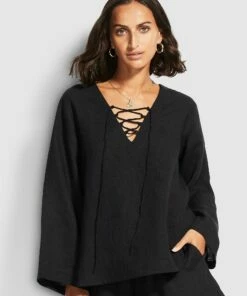 Best deal ✨ Seafolly Ladies Beach Edit Harbour Linen Top Black 🔥