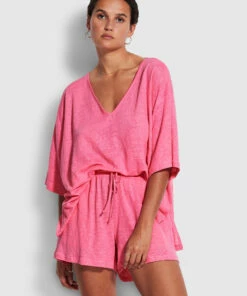 Cheapest 🛒 Seafolly Ladies Linen Jersey Beach Short Pink 🎉