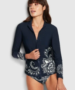Budget ⭐ Seafolly Ladies Folklore Long Sleeve Sunvest True navy 🔥