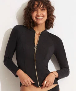 Coupon 💯 Seafolly Ladies Seafolly Collective Long Sleeve Sunvest Black 🎉