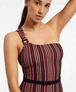 Best Sale 🌟 Jets Bedouin Stripe One Shoulder One Piece Black 🤩